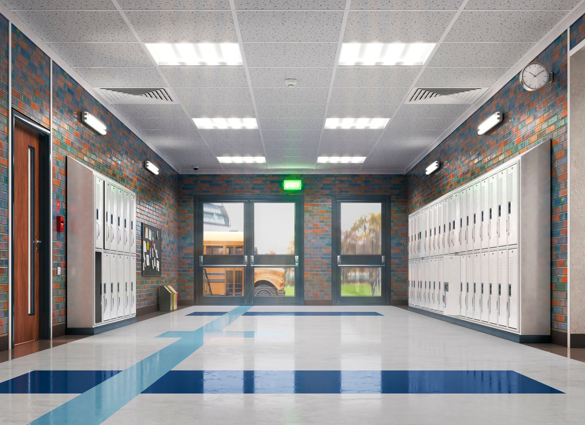 Student walking through a school corridor under camera coverage